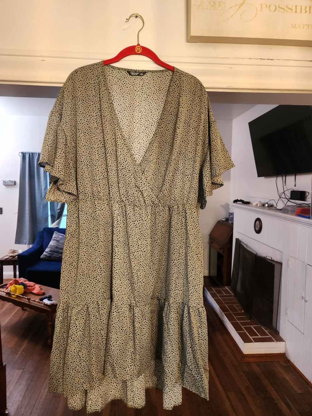 Polka Dot V-Neck Flutter Sleeve Midi Dress - Olive